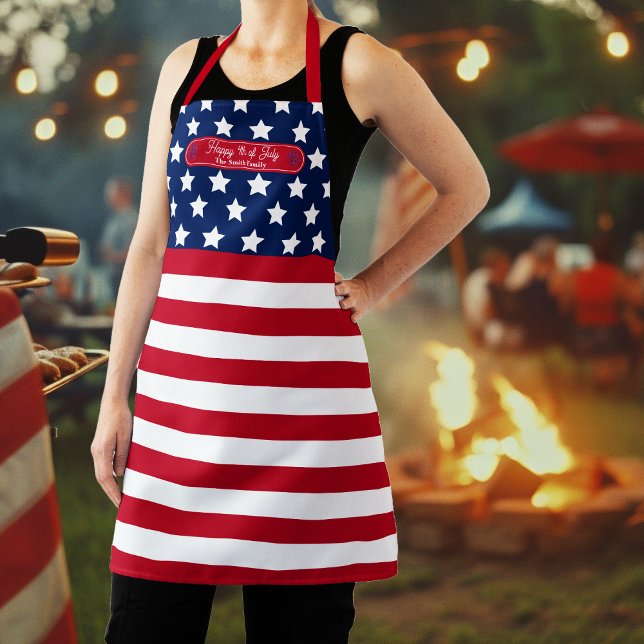 Patriotic U.S. Flag Happy 4. Juli Familienname Schürze (Red, White and Blue Patriotic U.S. Flag "Happy 4th of July" Family Name Kitchen | BBQ Apron)