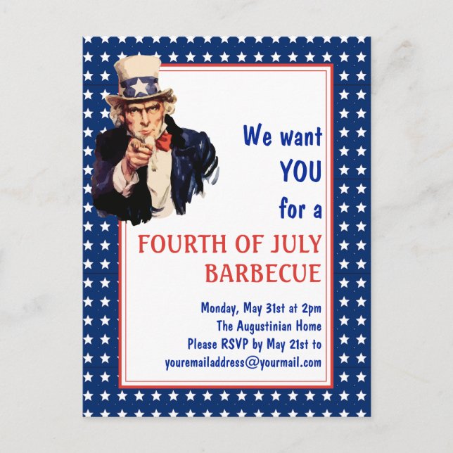 Patriotic Uncle Sam 4TH JULY GRILLEN BARBECUE Postkarte (Vorderseite)