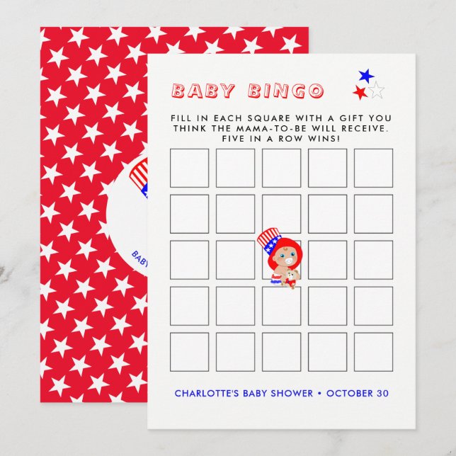 Patriotic Uncle Sam American Baby Shower Bingo Einladung (Vorne/Hinten)