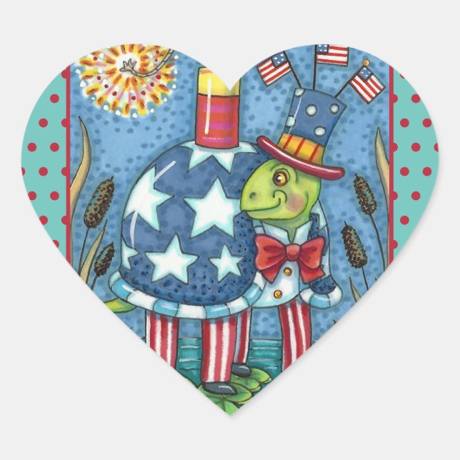 PATRIOTIC UNCLE SAM TURTLE, FUNNY FIRECRACKER Cute Herz-Aufkleber (Vorderseite)