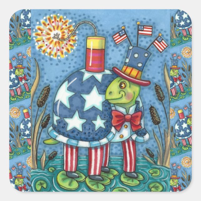 PATRIOTIC UNCLE SAM TURTLE, FUNNY FIRECRACKER Cute Quadratischer Aufkleber (Vorderseite)