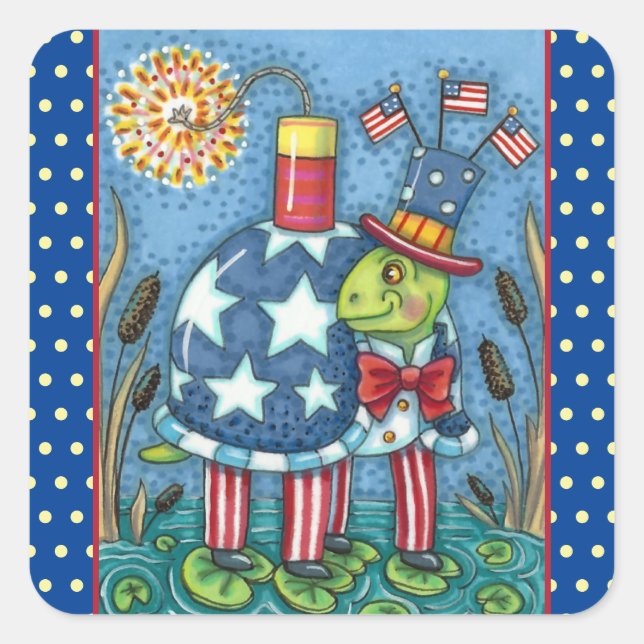 PATRIOTIC UNCLE SAM TURTLE, FUNNY FIRECRACKER Cute Quadratischer Aufkleber (Vorderseite)