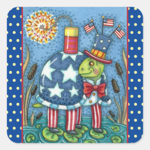 PATRIOTIC UNCLE SAM TURTLE, FUNNY FIRECRACKER Cute Quadratischer Aufkleber