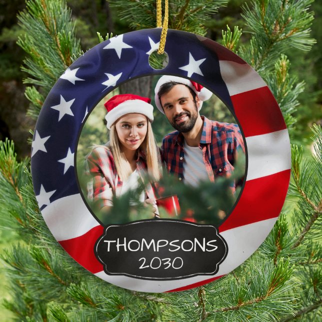 Patriotic USA American Flag Personalisiert 2 Foto Keramik Ornament (Von Creator hochgeladen)