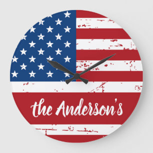 Patriotic USA American Flag Personalisiert Name Große Wanduhr