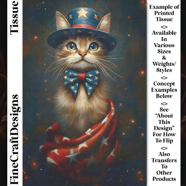 Patriotic USA Cat, Top Hat, Bow Krawatte CS2 Decou Seidenpapier (Von Creator hochgeladen)