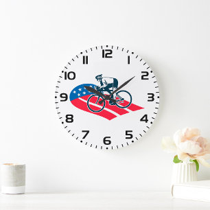 Patriotic USA Cycling American Flag Bike Rider Große Wanduhr