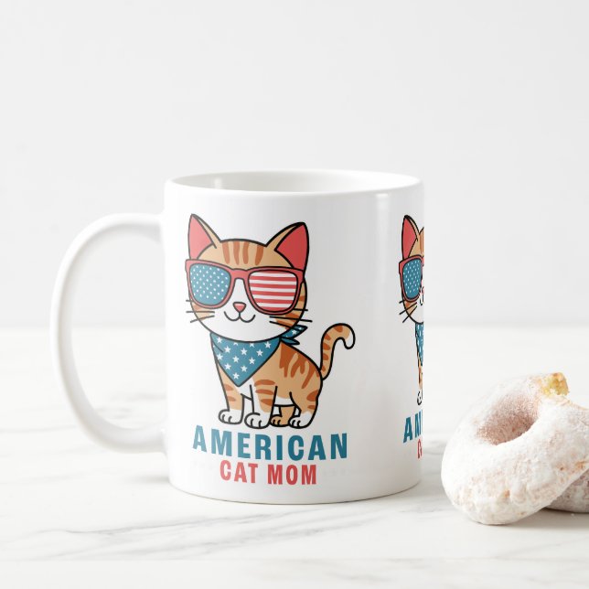 Patriotic USA Flag 4. Juli American Cat Mama Kaffeetasse (Mit Donut)