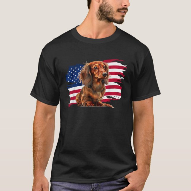 Patriotic USA Flag 4th of July Long Haired Dachshu T-Shirt (Vorderseite)