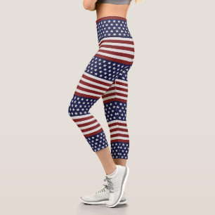 Patriotic USA Flag, FuAmerican Red White Blue Capri Leggings