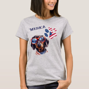 Patriotic USA Flag Paw Print Dackel Dog T-Shirt