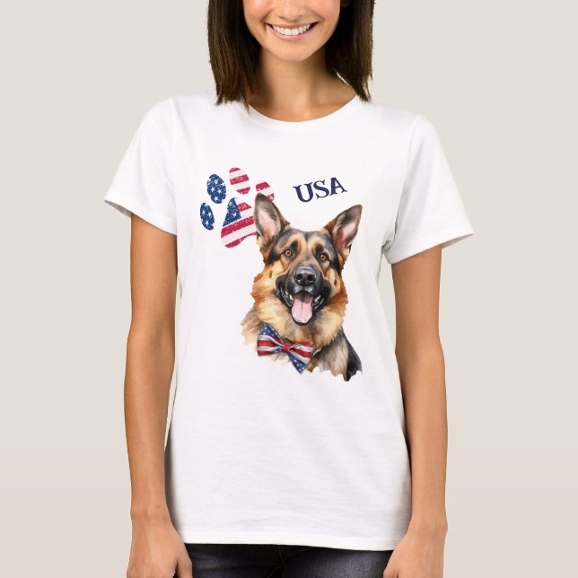 Patriotic USA Flag Paw Print German Shepherd Dog T-Shirt (Vorderseite)