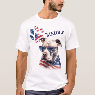Patriotic USA Flag Paw Print Pitbull Dog T-Shirt