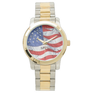 Patriotic Waving American Flag Mit Monogramm Gesch Armbanduhr