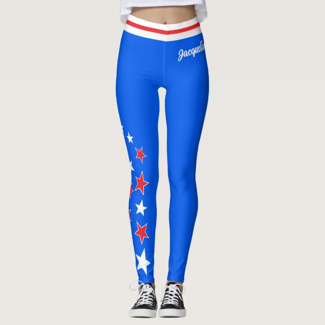 PATRIOTIC Weiße und rote Sterne Ihr Name auf BLAU Leggings (Vorderseite)