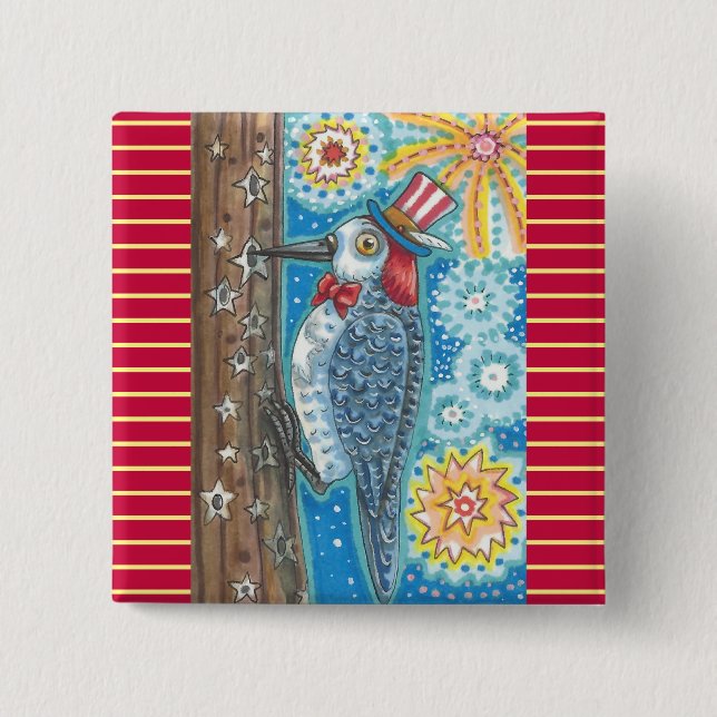 PATRIOTIC WOODPECKER & FIREWORKS BUTTON Square (Vorderseite)