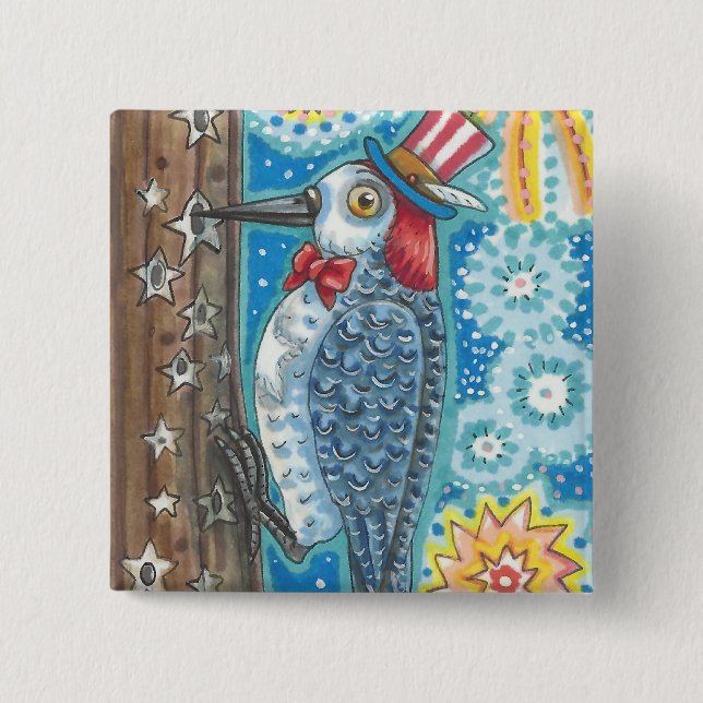 PATRIOTIC WOODPECKER & FIREWORKS BUTTON Square (Vorderseite)