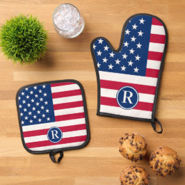 Patriotisch American Red White Blue Custom Monogra Ofenhandschuh & Topflappen-Set