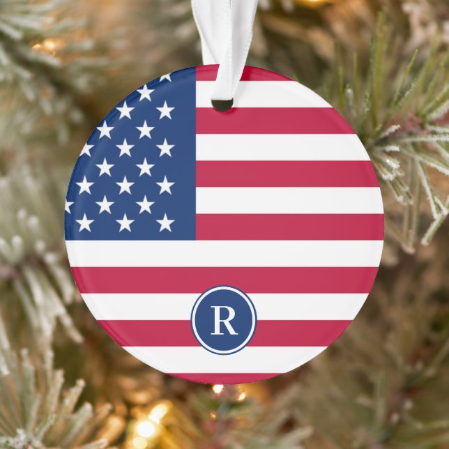 Patriotisch American Red White Blue Custom Monogra Ornament (Baum)