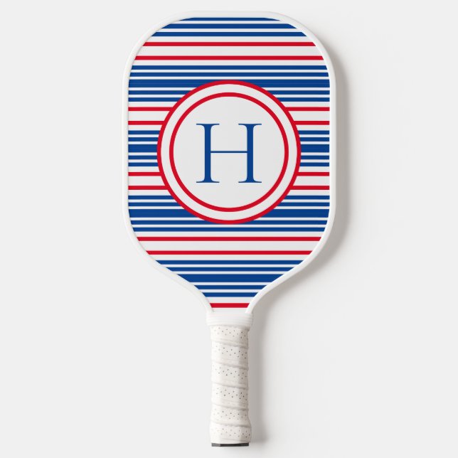 Patriotisch Red White & Blue Modern Monogram Pickleball Schläger (Vorderseite)