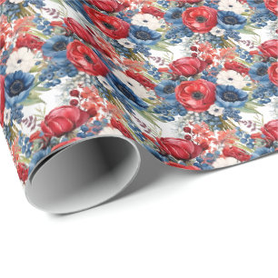Patriotisch Rot Weiß und Blau Blumen Geschenkpapier