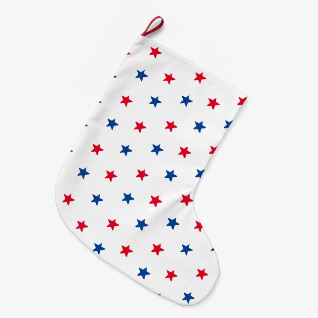 Patriotisch rotes, weißes und blaues Sternmuster Großer Weihnachtsstrumpf (Vorderansicht (hängend))
