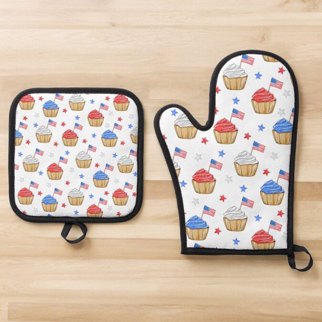 Patriotische amerikanische Flagge Cupcakes Red Whi Ofenhandschuh & Topflappen-Set (Von Creator hochgeladen)