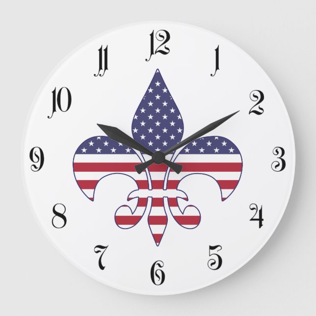 Patriotische amerikanische Flagge Fleur-de-lis Große Wanduhr (Vorderseite)