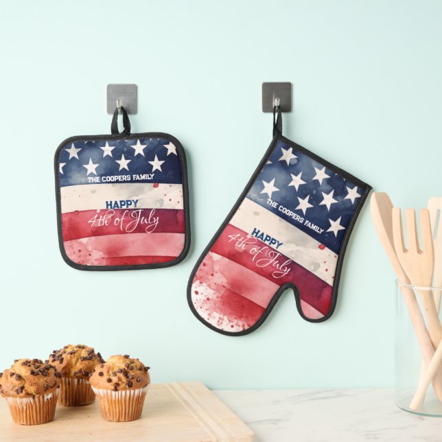 Patriotische amerikanische Flagge Happy 4. Juli Cu Ofenhandschuh & Topflappen-Set (Insitu (Hängend))