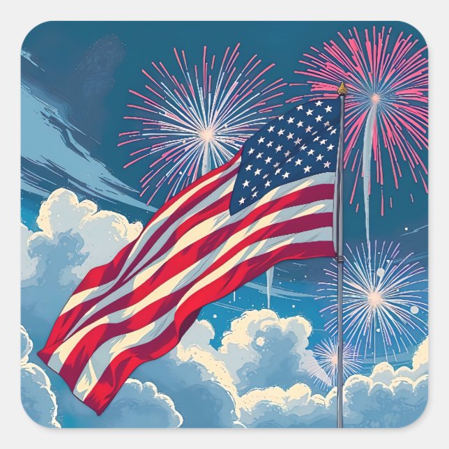 Patriotische amerikanische Flagge mit Feuerwerken  Quadratischer Aufkleber (Vorderseite)