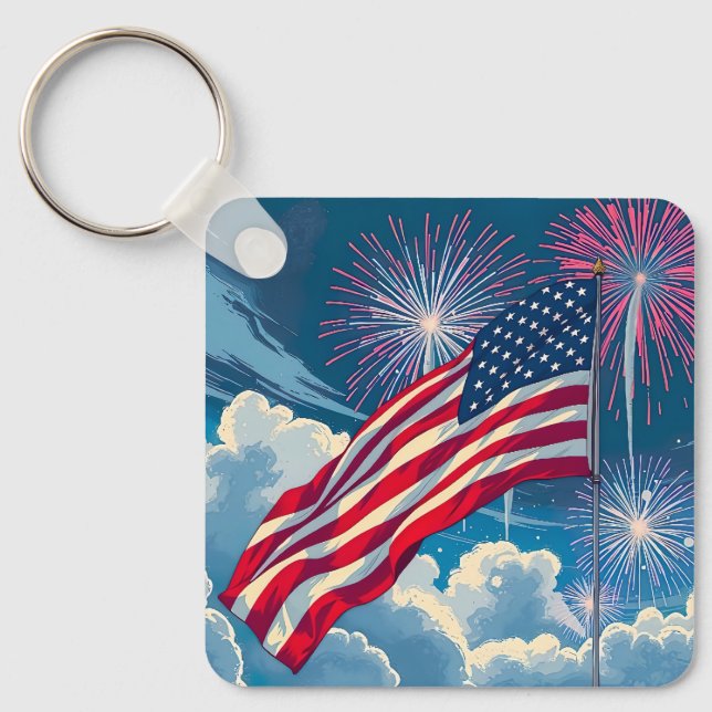 Patriotische amerikanische Flagge mit Feuerwerken  Schlüsselanhänger (Vorderseite)