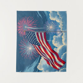 Patriotische amerikanische Flagge mit Feuerwerken  Wandteppich