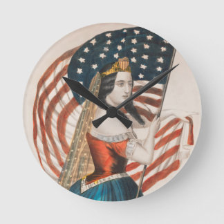 Patriotische amerikanische Frau | Amerikanische Fl Runde Wanduhr