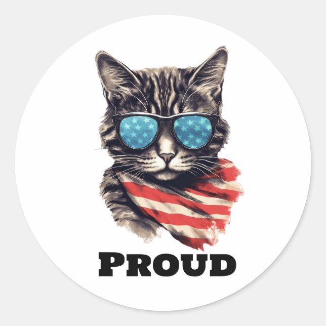 Patriotische Amerikanische Katze, 4. Juli Runder Aufkleber (Vorderseite)