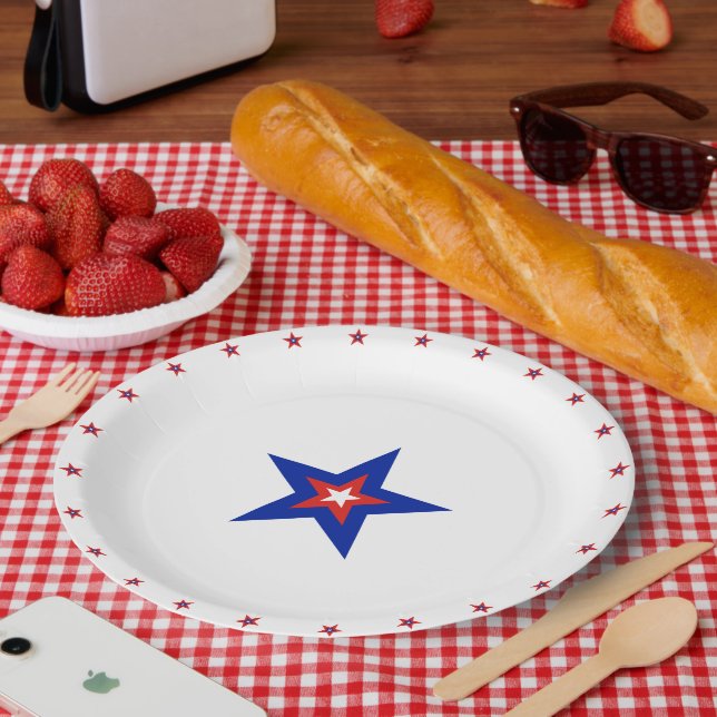 Patriotische Amerikanische Sterne auf Weiß Pappteller (Picknick)