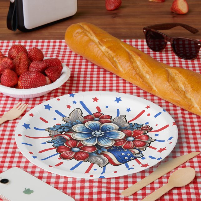 Patriotische Blume in Red White & Blue am 4. Juli Pappteller (Picknick)