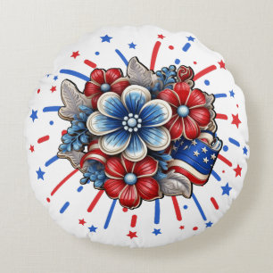 Patriotische Blumen in Rot Weiß & Blau 4. Juli Rundes Kissen