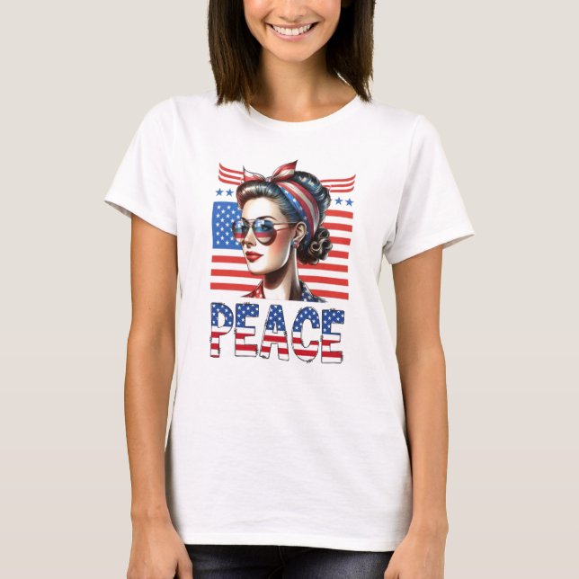 Patriotische Button-Up-Frau im Retro-Retro 4. Juli T-Shirt (Vorderseite)