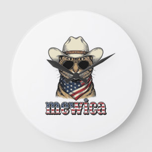 Patriotische Cowboy-Katze Mewica Vintage-Vektorgra Große Wanduhr