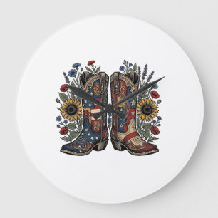 Patriotische Cowboy-Stiefel Sonnenblume Floral Hem Große Wanduhr