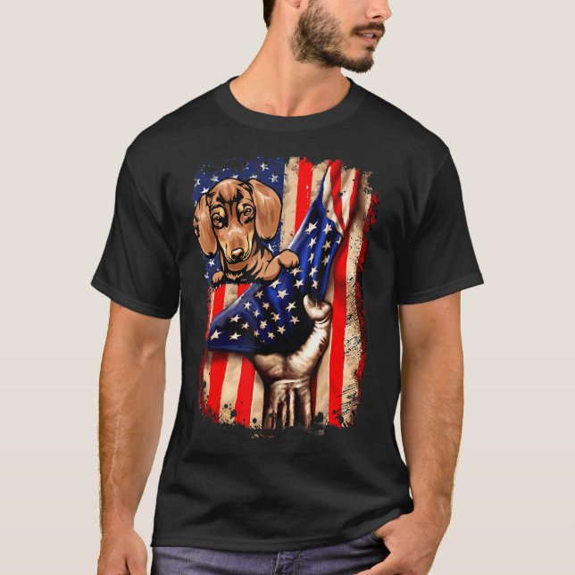 Patriotische Dackel Amerikanischer Flaggenhund T-Shirt (Vorderseite)