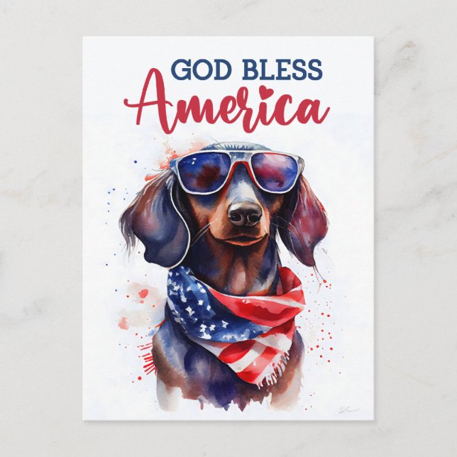 Patriotische Dackel, Gott segne Amerika Postkarte (Vorderseite)