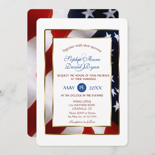 Patriotische, elegante USA Flag Gold Frame Wedding Einladung (Vorne/Hinten)