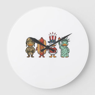Patriotische Ente und Hot Dog Vintage Vector Shirt Große Wanduhr