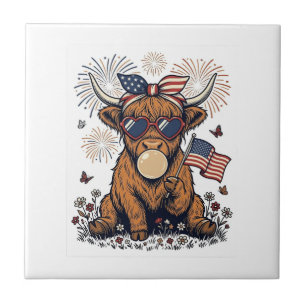 Patriotische Highland-Kuh-Bazillus-Vintage-Stich Fliese