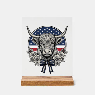 Patriotische Highland-Kuh Vintage-Stich-Kunst_1 Acrylschild