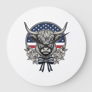 Patriotische Highland-Kuh Vintage-Stich-Kunst_1 Große Wanduhr