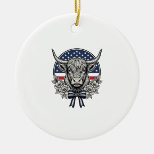 Patriotische Highland-Kuh Vintage-Stich-Kunst_1 Keramik Ornament