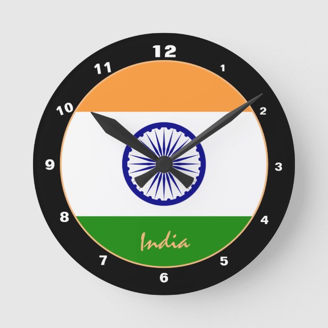 Patriotische Indische Flagge, Indien trendy Zuhaus Runde Wanduhr (Vorderseite)