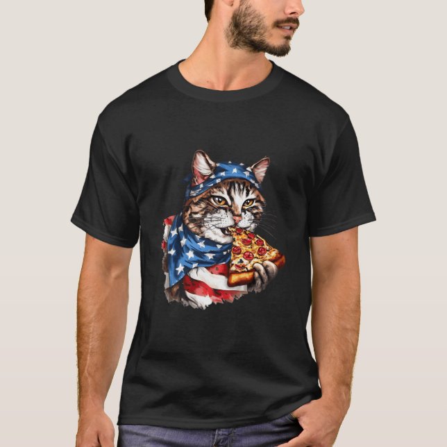Patriotische Katze isst Pizza 4. Juli Amerikanisch T-Shirt (Vorderseite)
